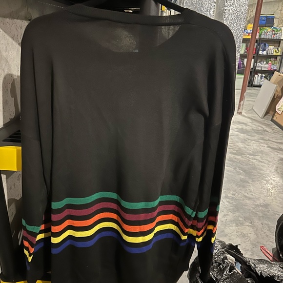Great Black Sweater with Rainbow Stripes on the Bottom and sleeves. Size Medium - Picture 2 of 5